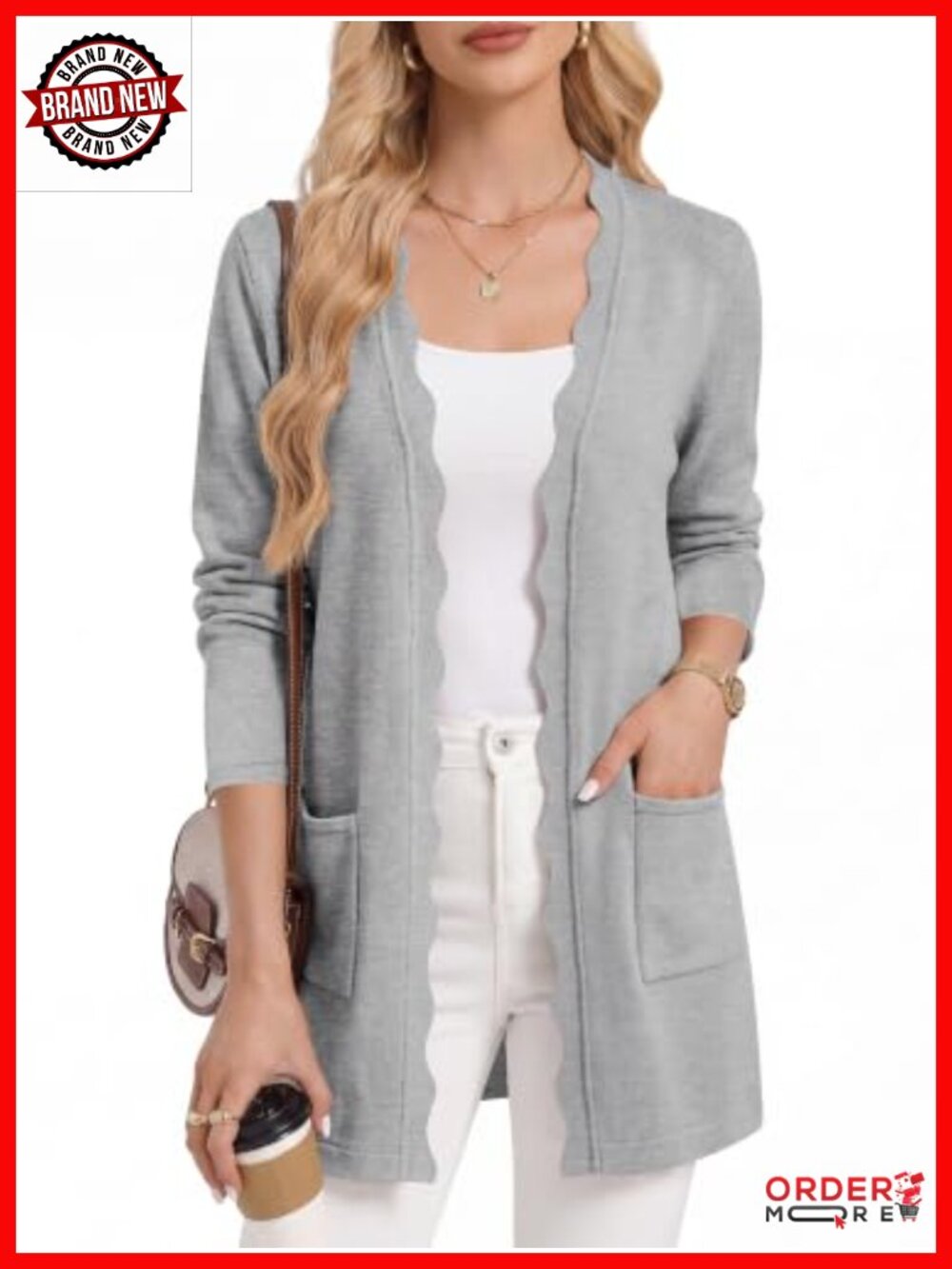 Lightweight V-Neck Scalloped Cardigan Sweater with Pockets